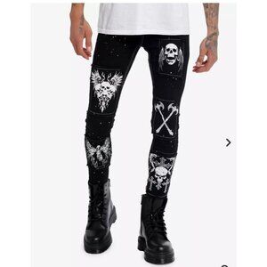 Black Skull Weapon Patches Stinger Jeans By HT Denim 30x32 Slim Fit Cotton Blend